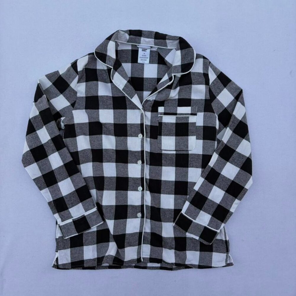 Land’s End Black White Gingham Plaid Cotton Button Pajama Long Sleeve Top Sz M